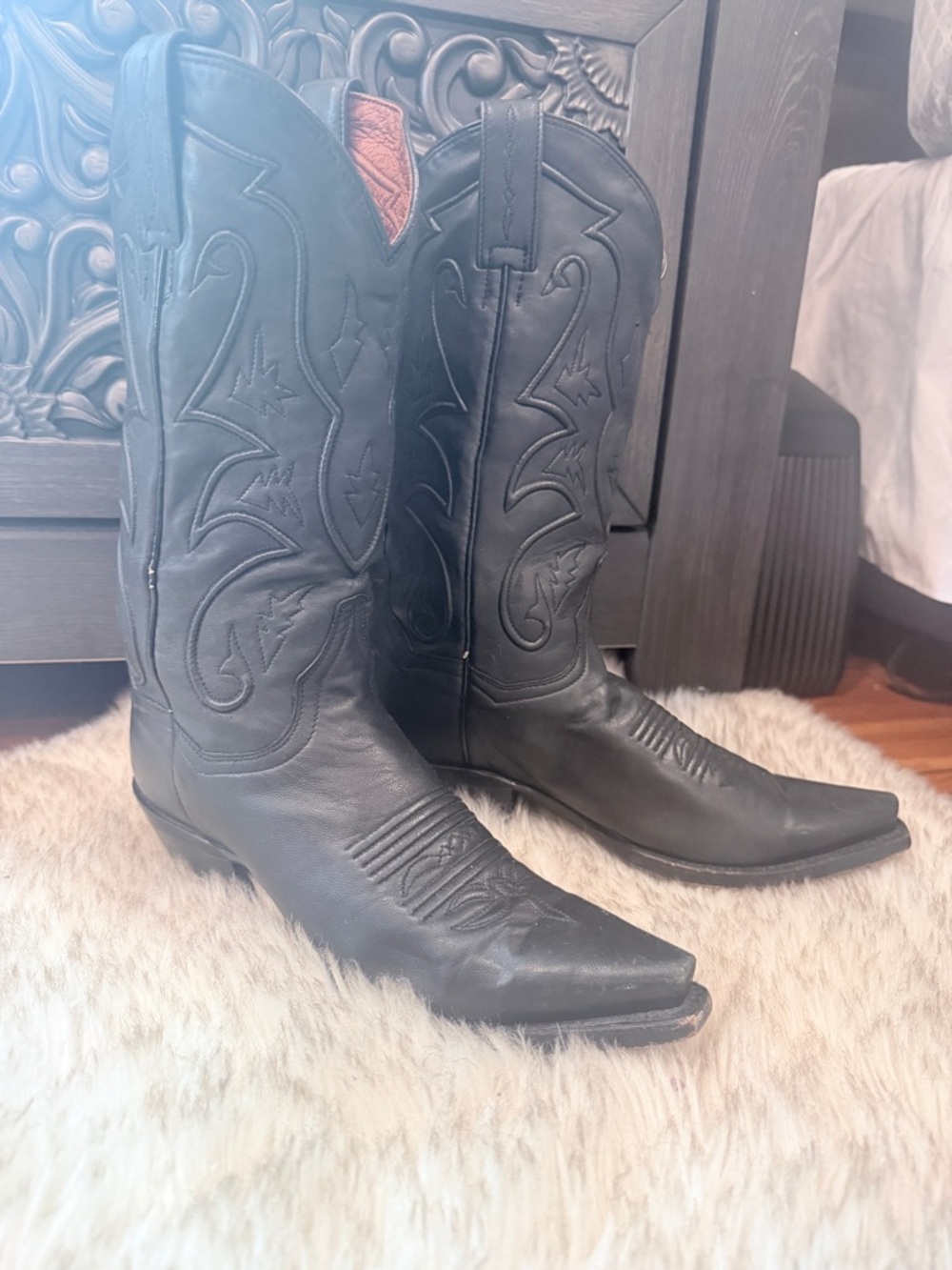 Dan Post Black Leather Western Cowboy Boots with Pointed Toe Vintage